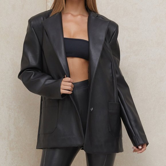 House of CB Jackets & Blazers - House of CB Harper Faux Vegan Leather Oversized Classic Designer Blazer Jacket M